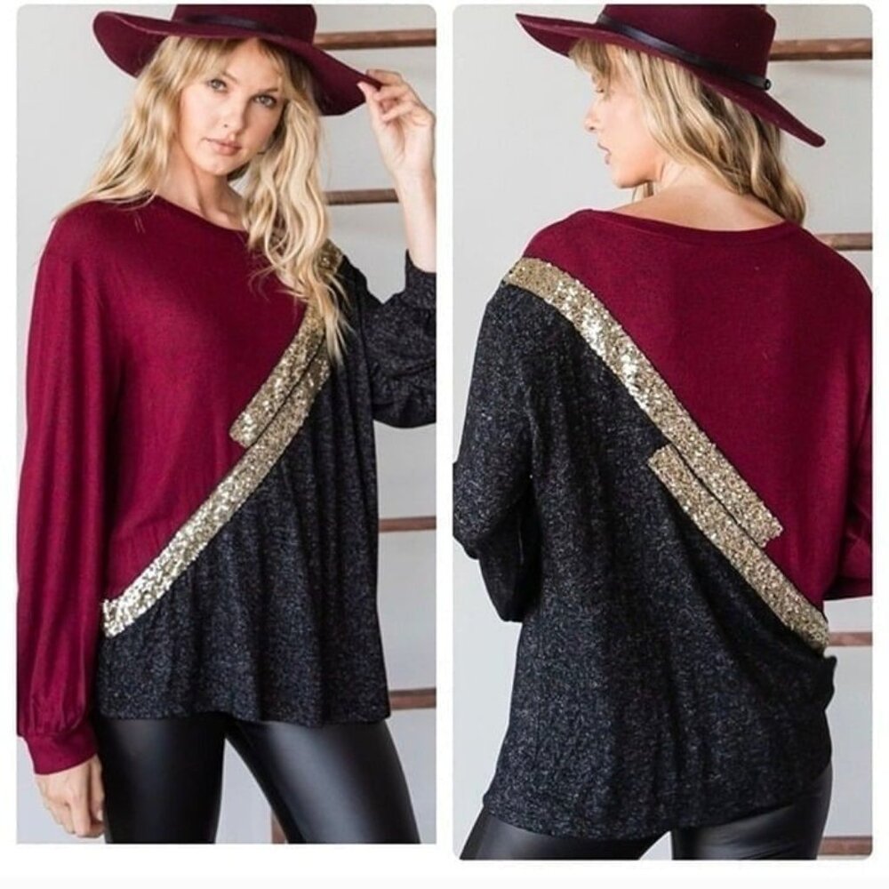 Colorblock Burgundy & Black Long Sleeve Top W/Gold Sequin Accent-NEW